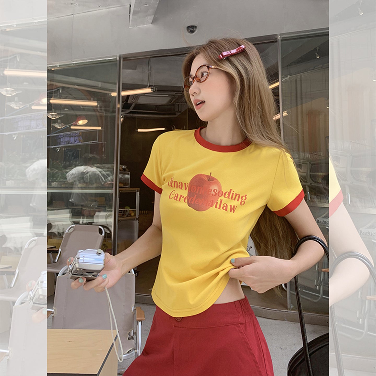 Fanciti Women's Top Apple Printed Color Block