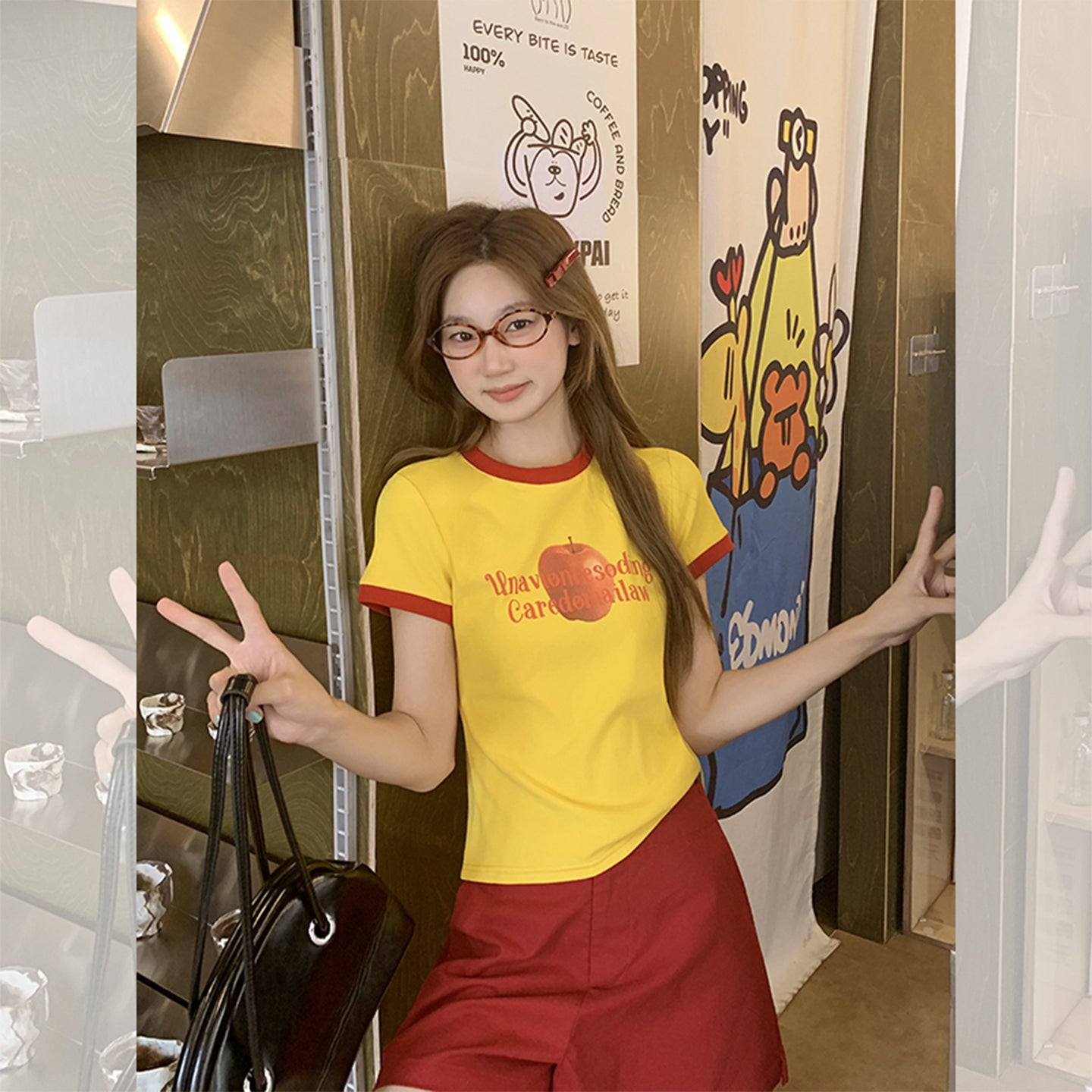 Fanciti Women's Top Apple Printed Color Block