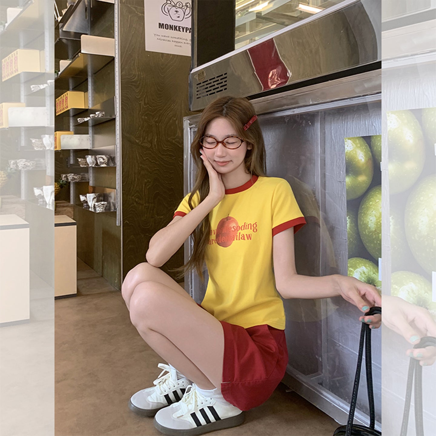 Fanciti Women's Top Apple Printed Color Block