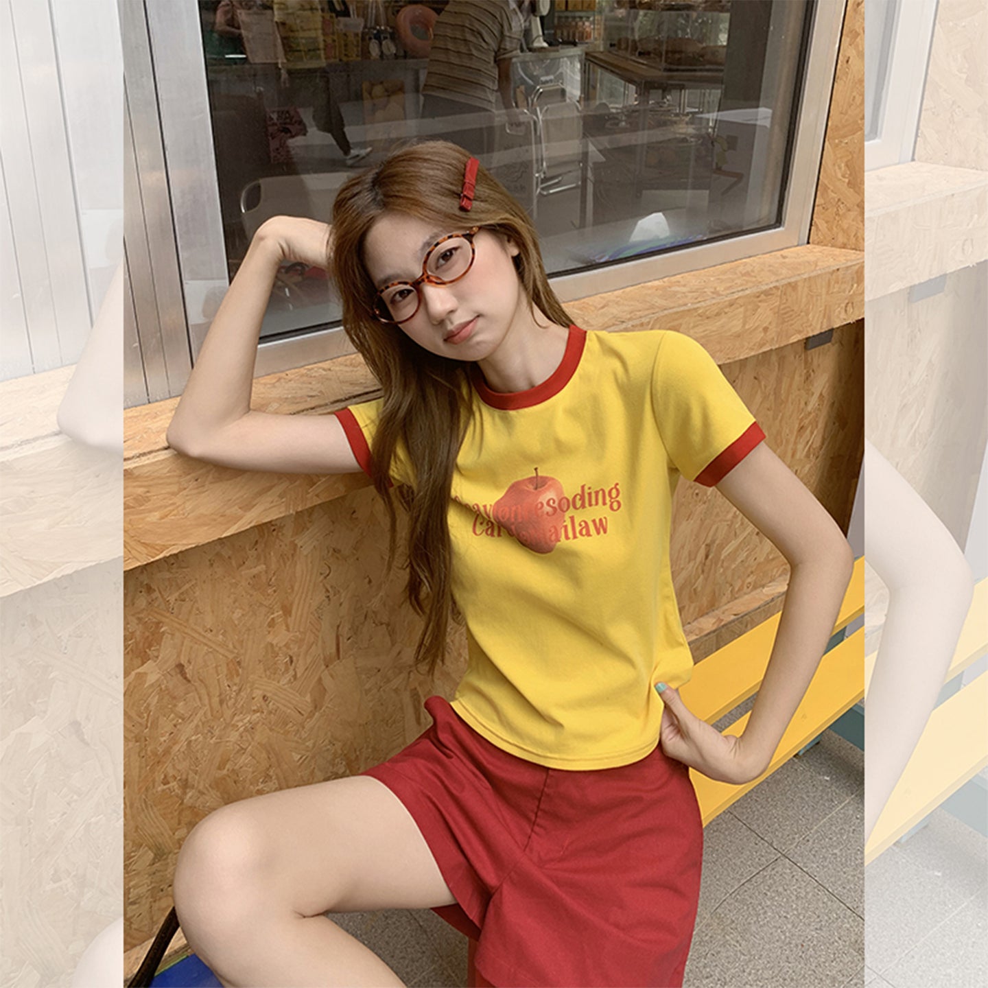 Fanciti Women's Top Apple Printed Color Block