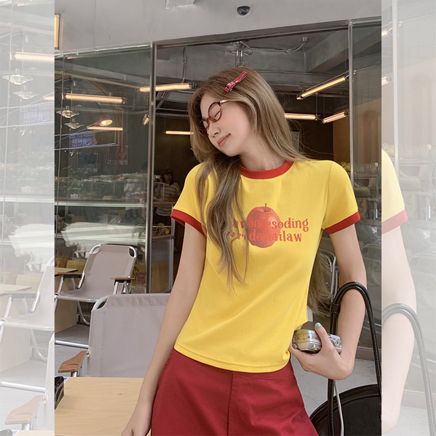 Fanciti Women's Top Apple Printed Color Block