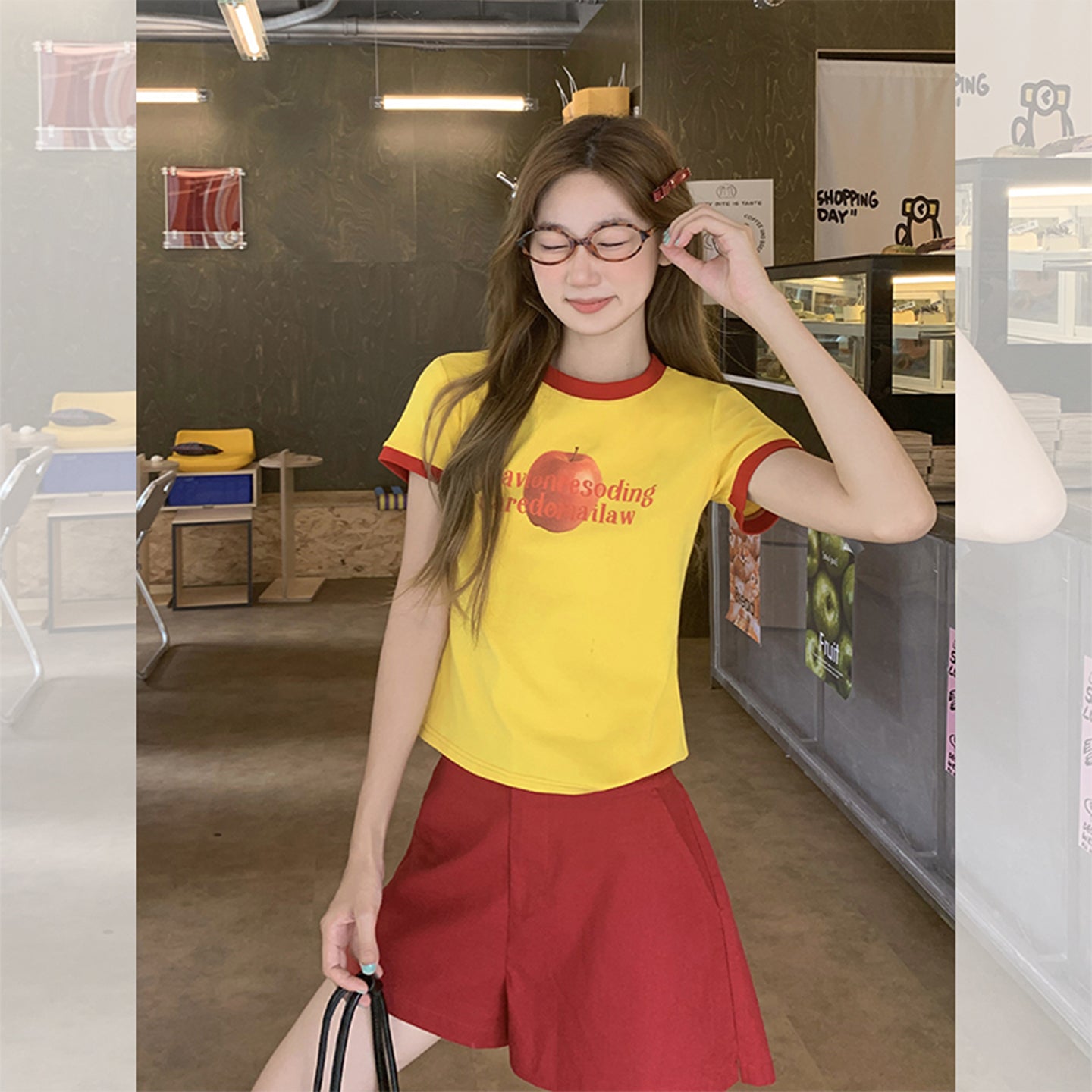 Fanciti Women's Top Apple Printed Color Block