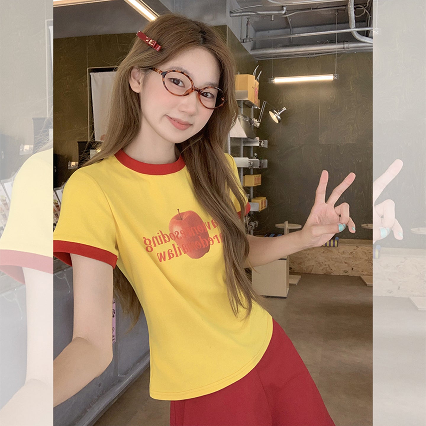 Fanciti Women's Top Apple Printed Color Block