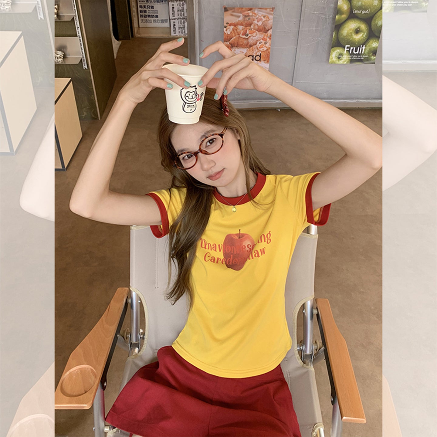 Fanciti Women's Top Apple Printed Color Block